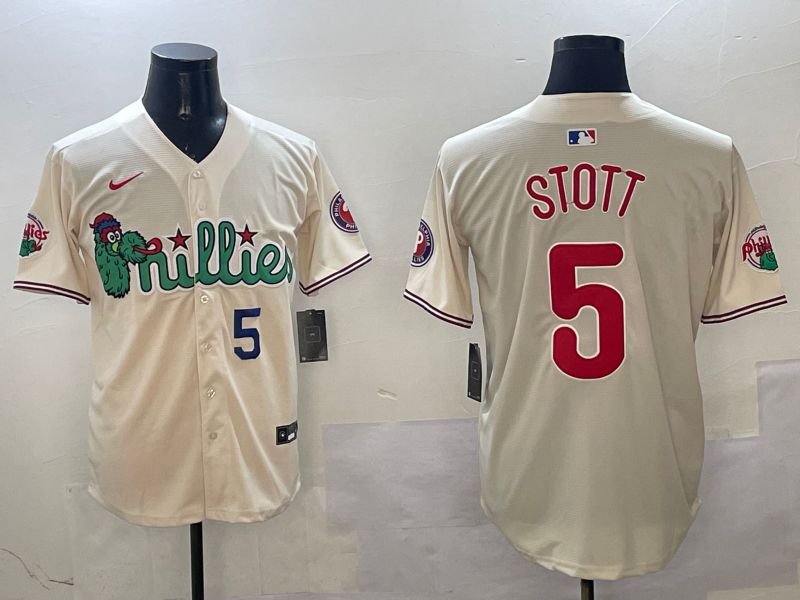 Men Philadelphia Phillies #5 Stott Cream Three generations Joint Name Game 2025 Nike MLB Jersey style 2